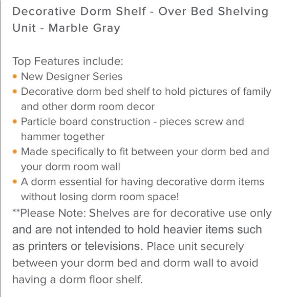 DECORATIVE DORM OVER BED SHELVING UNIT MARBLE GRAY - Picture 4 of 6